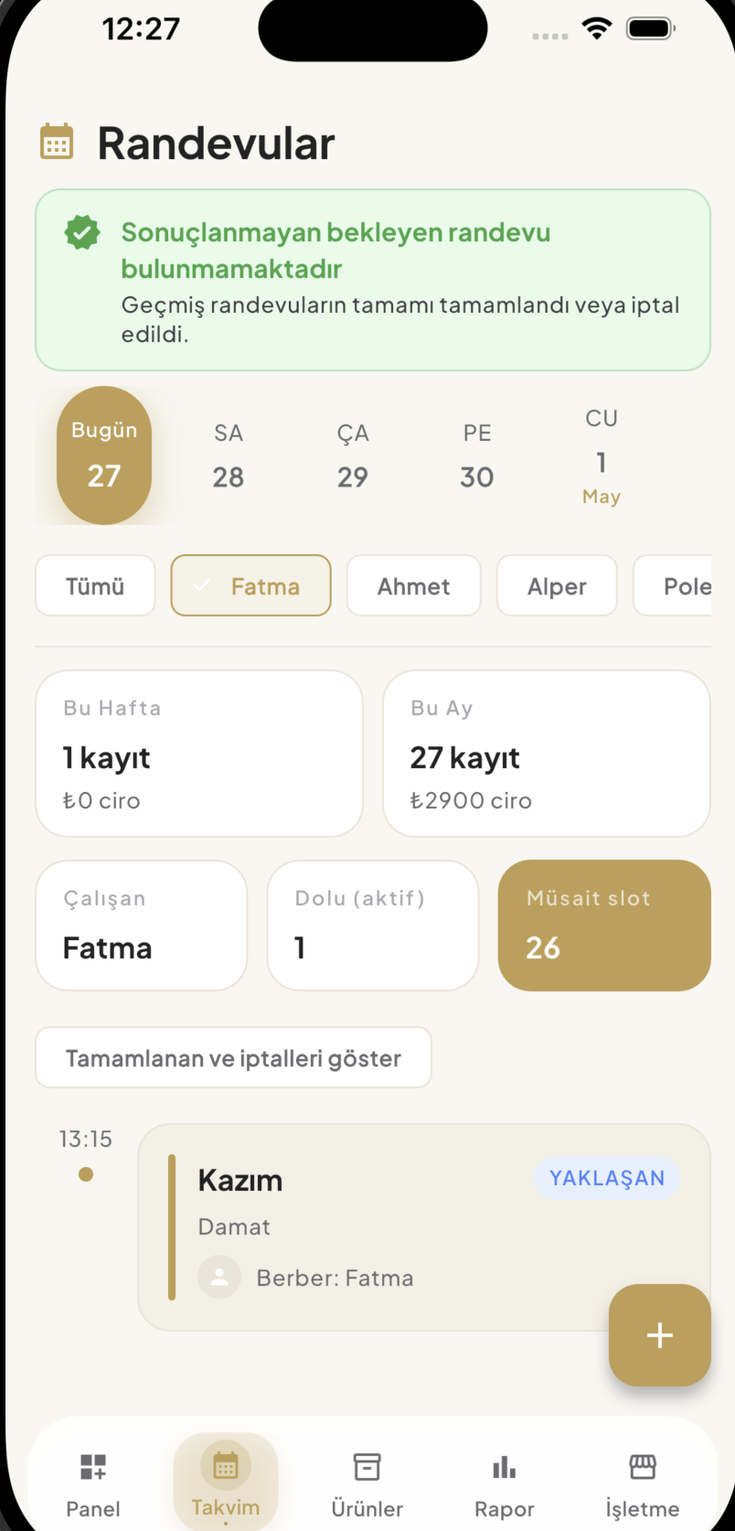 1Randevu takvim ekranı