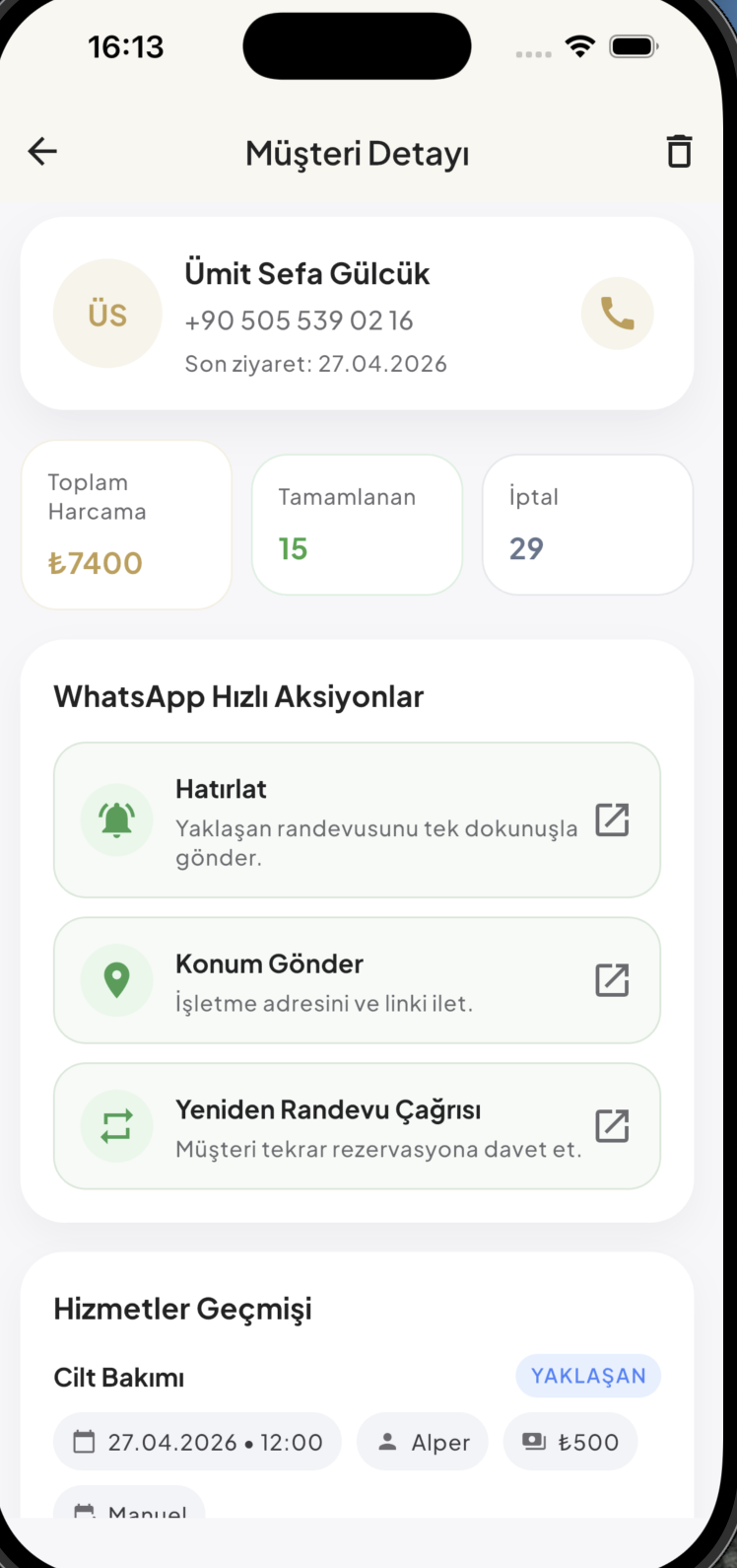 1Randevu müşteri detay WhatsApp hızlı aksiyonlar ekranı
