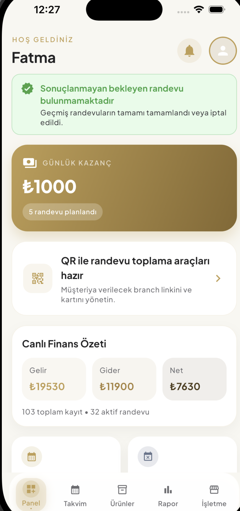 1Randevu ana panel ekranı