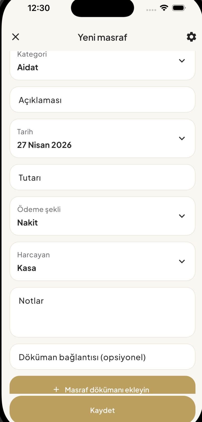 1Randevu yeni masraf ekleme formu
