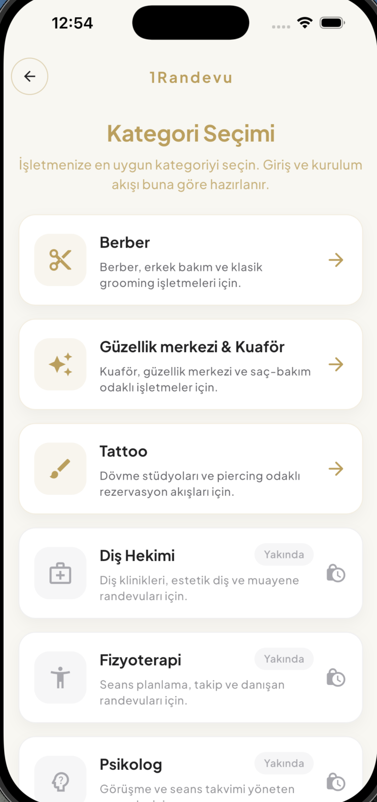 1Randevu kategori seçimi ekranı