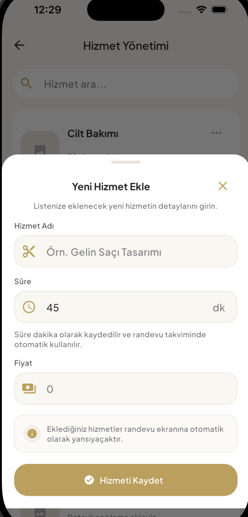 1Randevu yeni hizmet ekleme modalı