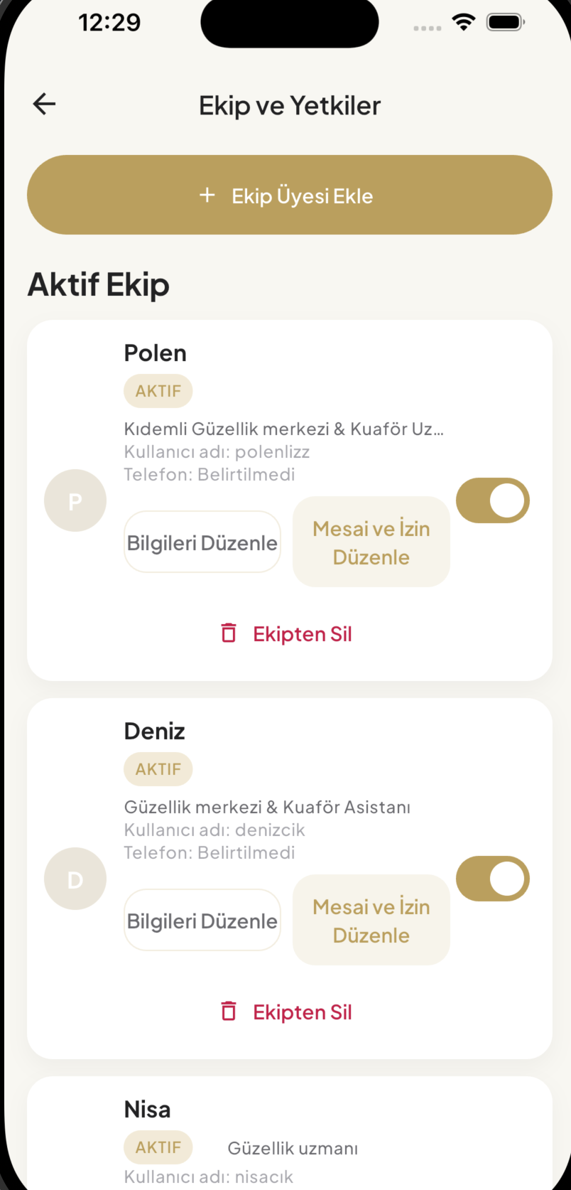1Randevu ekip ve yetkiler ekranı
