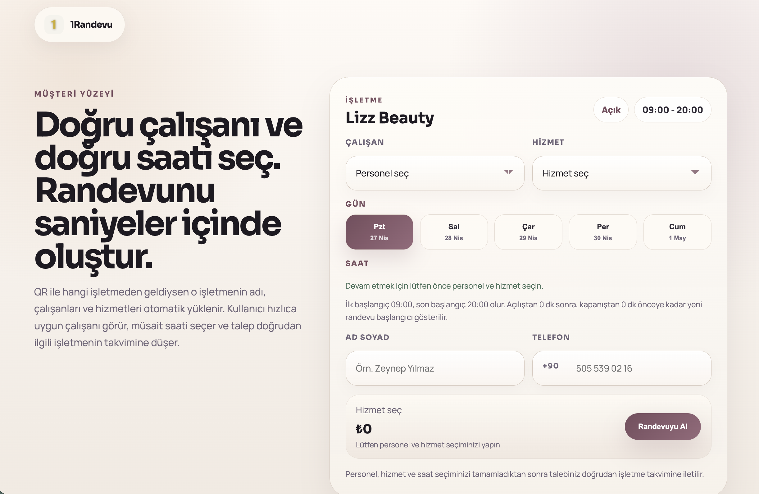 1Randevu online rezervasyon web sayfası