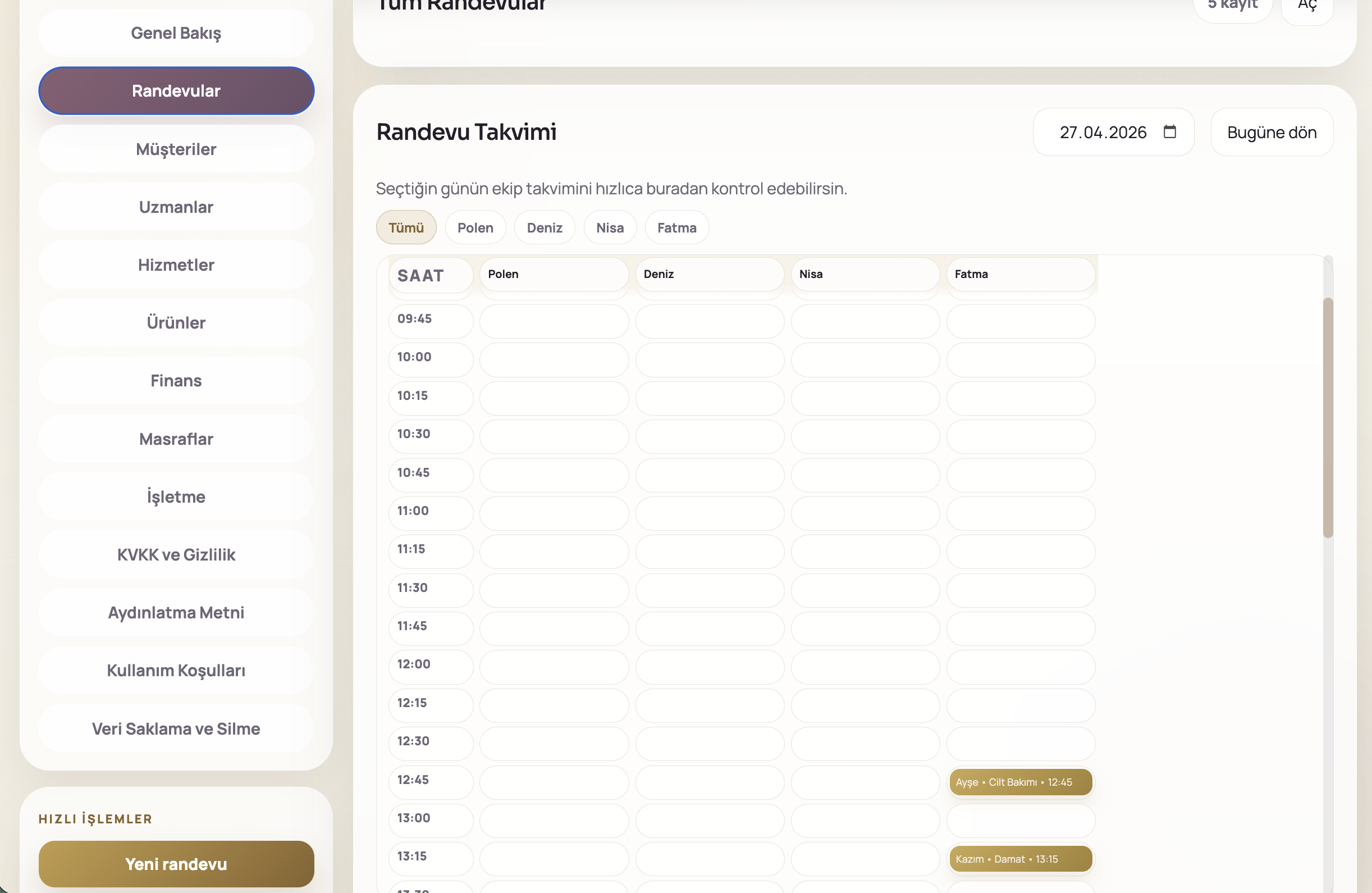 1Randevu web panel takvim ekranı