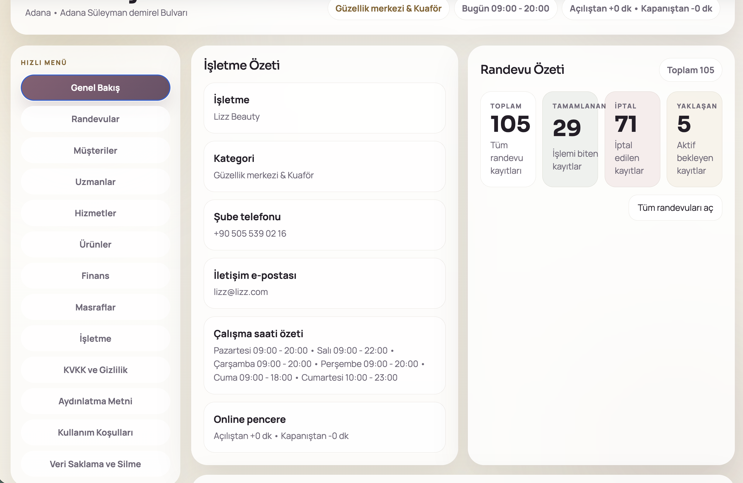 1Randevu web panel dashboard ekranı