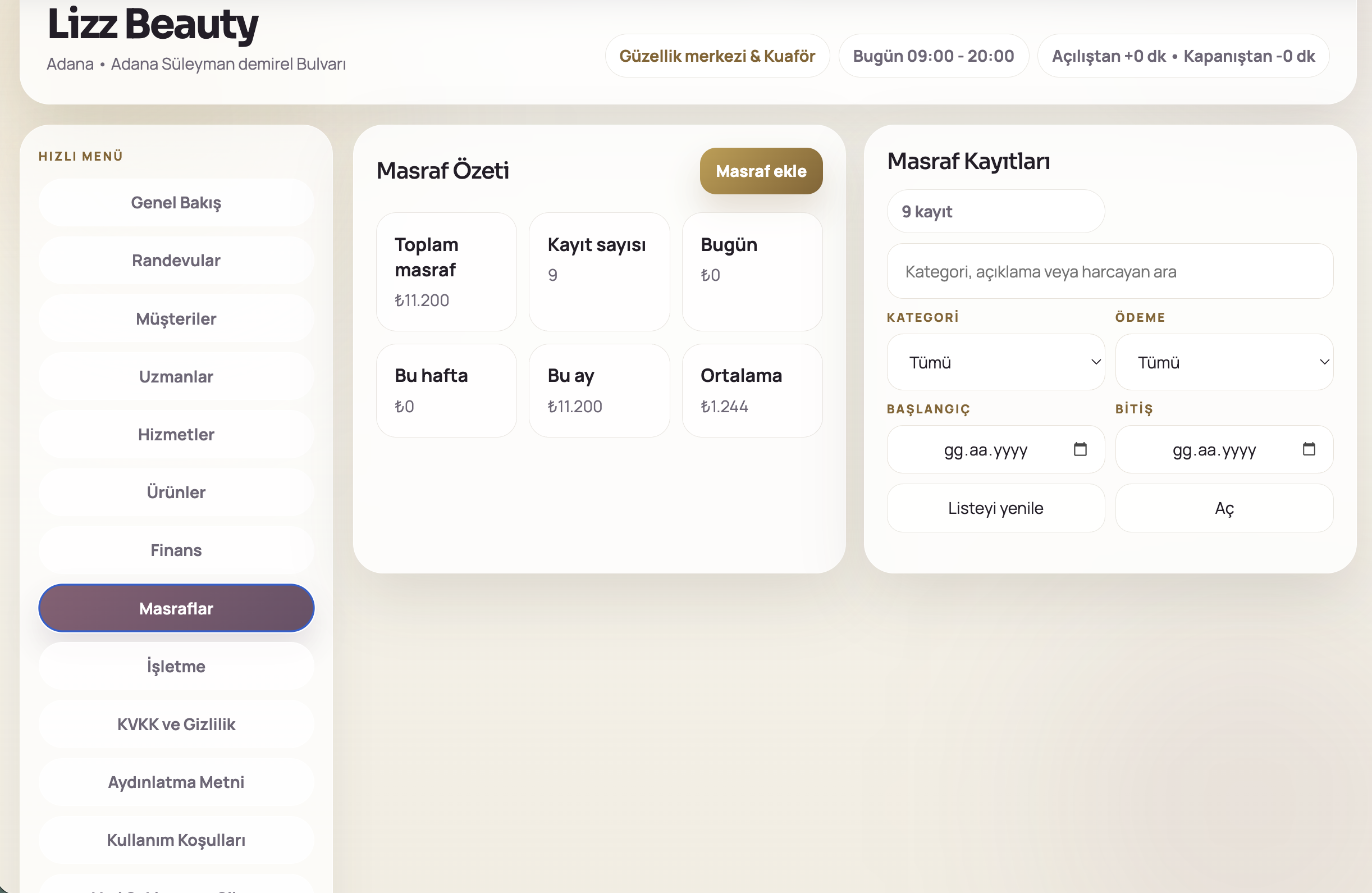 1Randevu web panel masraflar ekranı
