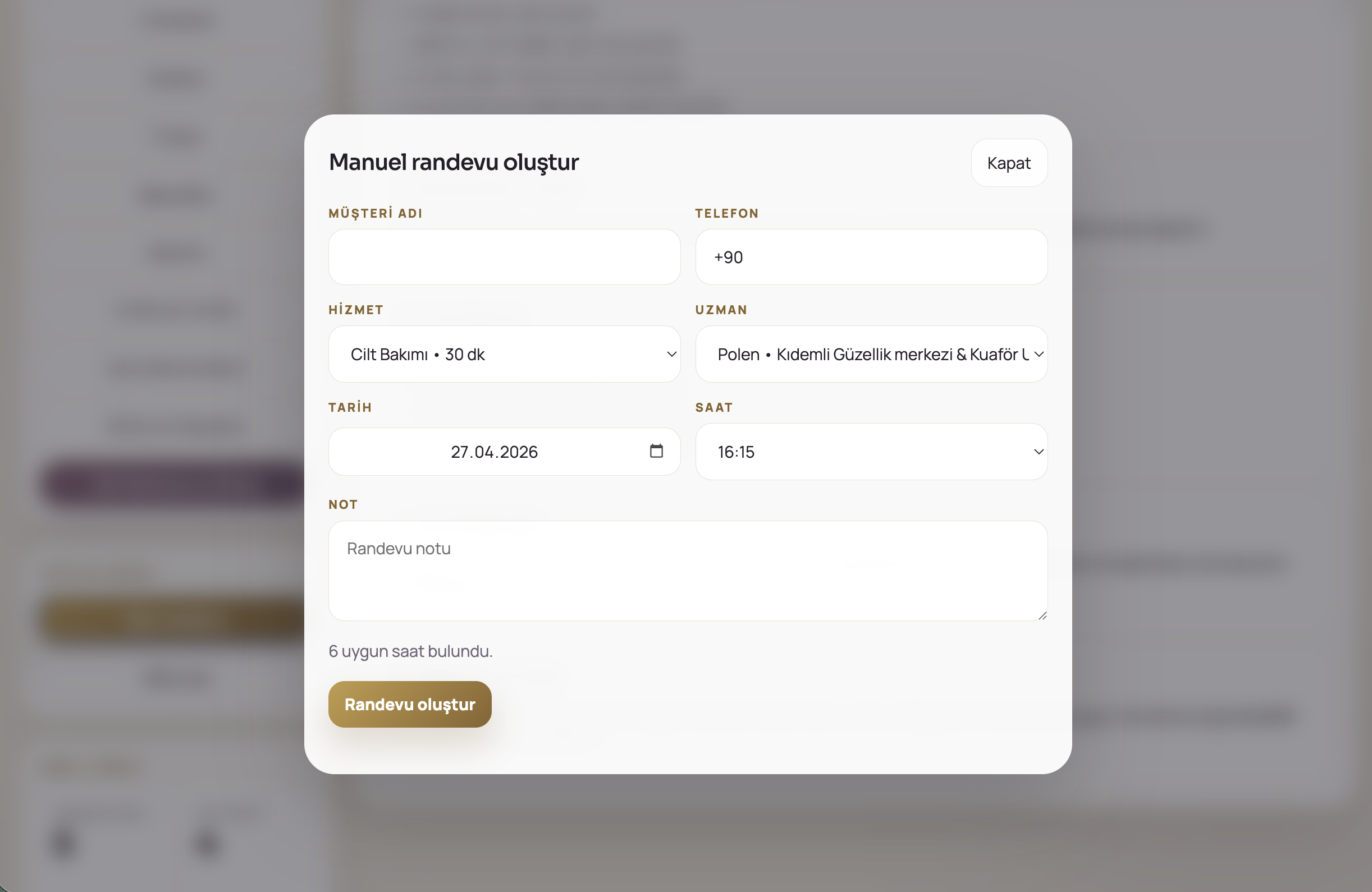 1Randevu web panel manuel randevu modalı